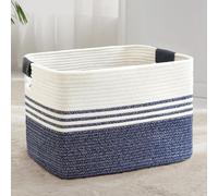 Panier à linge tressé, grande taille, en corde de coton, 86 litres, avec poignées en cuir, blanc et bleu, dimensions : 60 x 40 x 36 cm