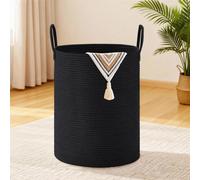 Panier à linge tressé, noir, avec poignées en coton, de forme ronde et d'une capacité de 58 litres