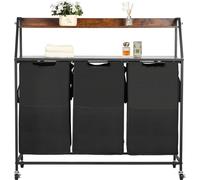 Panier à linge Trieur de linge 3 compartiments - Tissu Oxford 600D & plateau en bois - Chariot à linge avec roulettes et étagères en forme d'échelle - Système de tri du linge pour les vêtements sales 