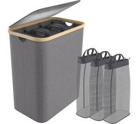 Panier à linge – Trieur de linge avec 3 compartiments – 140 litres – Amovible et pliable – Structure en bambou avec couvercle – Tissu Oxford avec poignées – Gris