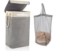 Panier à linge Unyqoos® avec couvercle – 84 L, grand sac pliable pour linge, avec poignées en corde, dimensions 68×42×31 cm, couleur beige/gris, idéal pour la chambre, la salle de bain ou la buanderie