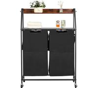 Panier à linge VEVOR Trieur à linge à 2 compartiments (tissu Oxford 600D) & tablette en bois, Collecteur de linge sur roulettes avec étagères en forme d'échelle, Séparateur de linge Système de tri du