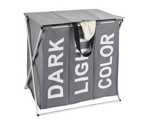 Panier à linge WENKO, modèle Trio Top : panier à linge pratique à 3 compartiments avec couvercle et poignées, capacité de 118 litres, dimensions 57 x 57 x 38 cm, gris