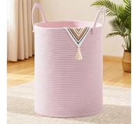 Panier à linge XXL, 100 litres, forme ronde, tressé, avec poignées en coton, couleur rose