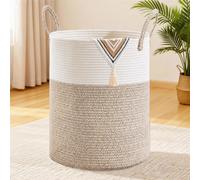 Panier à linge XXL, 100 litres, rond, tressé en corde de coton, marron et blanc, avec poignée