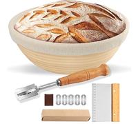 Panier à pain rond en rotin avec doublure en lin - 22 cm - 100 % rotin naturel - Pour levain - Comprend un coupe-pâte, un coupe-pain, pour boulangers professionnels et amateurs