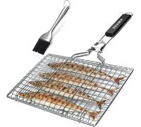 Panier à poisson Pliable Acier inoxydable portable avec poignée amovible Pinceau de cuisson Sac de rangement Accessoires de barbecue pour légumes Crevettes Grande surface de cuisson