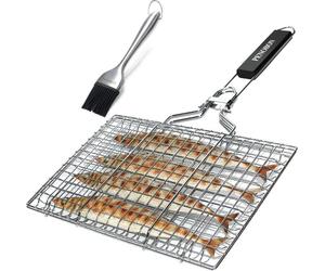 Panier à poisson Pliable Acier inoxydable portable avec poignée amovible Pinceau de cuisson Sac de rangement Accessoires de barbecue pour légumes Crevettes Grande surface de cuisson