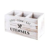 Panier à ustensiles de cuisine en bois, 3 compartiments pour couteaux, fourchettes, cuillères, style rustique et rustique, pin massif, blanc, 30 x 12 cm