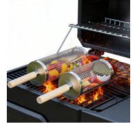 Panier de barbecue en acier inoxydable 304 avec roues, poignée en bois amovible, convient pour rôtir des légumes, la cuisson en plein air et les accessoires de fumage et de grillage de camping. Cadeau