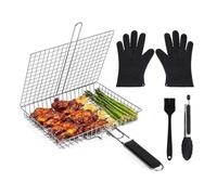 Panier de Barbecue Robuste en Acier Inoxydable pour Camping et BBQ, Grille de Cuisson Pliable Portable avec Poignée, Gants Silicone Anti-Chaleur, Pinceau et Pince pour Poisson, Légumes, Crevettes