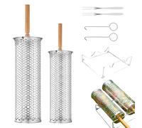 Panier de barbecue rotatif avec poignée en bois et acier inoxydable, panier de grillade pour barbecue, viande, légumes, pour homme, grand-père, , fils, famille, amis, cuisine en plein air