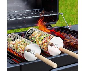 Panier de barbecue roulant Set avec poignée en bois 2 pièces 28.5cm x 10cm Tube de grillage pour barbecue extérieur Légumes Panier de barbecue en acier inoxydable pour barbecue Accessoires tournebroch