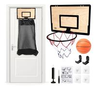 Panier de basket 2 en 1 - Mini panier de basket suspendu à la porte - Avec grand sac à linge en maille et fermeture éclair - Panier à linge en bois avec balle et pompe - Pour chambre d'enfant et