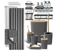 Panier de Douche et Accessoires de Salle de Bain avec Tapis de Bain, Ensemble d'accessoires de Salle de Bain 27 pièces avec Caddies de Douche, Tapis de Bain Gris, Ensemble de Rideau de Douche, Brosse