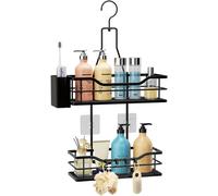 Panier de douche noir en acier inoxydable, à suspendre, avec 2 paniers et un crochet rotatif supérieur