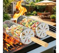 Panier de gril à rouler avec poignée en bois amovible, acier inoxydable 304, filet de gril emboîtable, accessoire pour légumes, crevettes, cuisine en plein air, camping, cadeau idéal pour Noël ou