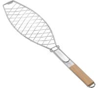 Panier de grill de poisson en acier - Panier de barbecue - Cuisine extérieure - Poignée en bois - Compact - Argent