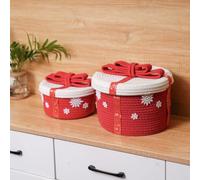 Panier de Noël 2-Pack Rouge Blanc, Paniers en Corde de Coton 2 Tailles | Structure robuste tissée à la main, design festif rouge-blanc, rangement de collations de bureau, décoration vacances, pr