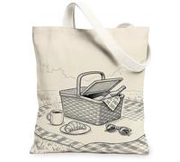 Panier de pique-nique en toile pour femme, sac fourre-tout d'été décontracté, café, croissant, beige, lavable et réutilisable, petit sac fourre-tout, beige, 13x15 Inch