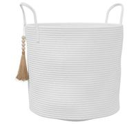 Panier de rangement blanc en coton Ø 40 x 35 cm avec poignées, pliable et durable, polyvalent comme organisateur pour linge, jouets, serviettes et décoration dans le salon ou la salle de bain