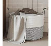 Panier de rangement gris blanc en coton Ø 51 x 33 cm avec poignées, pliable pour l'ordre et la décoration dans le salon, la chambre à coucher, la salle de bain, organiseur polyvalent pour linge