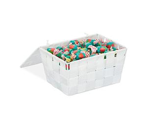 Panier de rangement, lot de 4, avec couvercle, aspect tressé, organiseur salle de bain, 10,5 x 19,5 x 14,5 cm, blanc