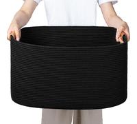 Panier de rangement noir, 72 litres, en 100% coton avec des poignées en cuir, de forme carrée et pliable, idéal pour les couvertures, les coussins et les jouets