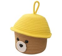 Panier de Rangement Ours Cartoon Couvercle, Corde de Coton Tressée | Jouets et Petits Objets, Usage Maison ou Bureau, Finition Décorative, Bordure Chapeau Rouge ou Jaune