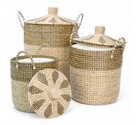 Panier de Rangement, Panier à Linge, Set de 3 Paniers en Herbe de Mer Artisanaux du Vietnam (75.99L/42.99L/25.65L) avec Doublure Amovible, Couvercle & Poignées, Rangement Maison Salle de Bain Chambre