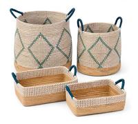 Panier de Rangement, Panier à Linge, Set de 4 Paniers en Herbe de Mer Artisanaux du Vietnam (49L/29L/10.7L/7.6L), Poignées, Empilable, Rangement Linge, Jouets, Salle de Bain, Chambre, Salon, Cuisine