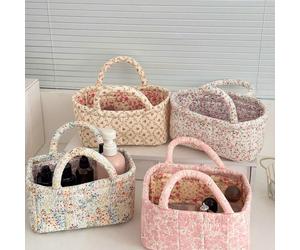 Panier de rangement portable en tissu matelassé à motif floral champêtre, grande capacité, organisateur de cosmétiques, soins de la peau et articles divers, avec poignée, solution d'organisation pour 