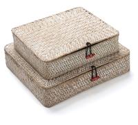 Panier de rangement rectangulaire en rotin, paniers en jonc de mer tissé naturel avec couvercle, lot de 2 (grand + petit pour le linge blanc)