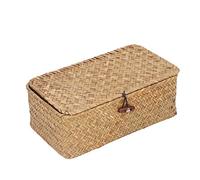 Panier de Rangement Rectangulaire Tissé à la Main en Jonc de Mer Naturel avec Couvercle, Organiseur de Bureau Grande Capacité pour Bijoux et Accessoires