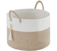 Panier de rangement tressé à la main Unyqoos® – 65 litres, corde de coton, couleur marron, 50 cm (diamètre) x 33 cm (hauteur), poignées de transport souples, multifonctionnel pour les pièces à vivre e