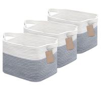 Panier de rangement tressé en corde de coton, blanc et gris, lot de 3, dimensions : 33 x 25 x 22,5 cm
