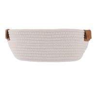 Panier de Rangement Tressé Ovale en Coton Poignée Similicuir Blanc