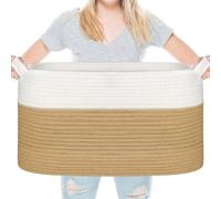 Panier de rangement Unyqoos® en coton, 65 litres – Tressé en corde de coton, blanc et marron, pliable avec des poignées de transport robustes, lavable, idéal pour les couvertures, les jouets et le lin