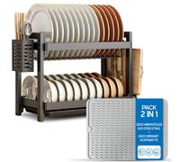 Panier égouttoir à deux niveaux en acier inoxydable avec tapis d'égouttage en silicone, support d'égouttage avec bac de récupération et porte-couverts, tapis d'égouttage pour l'évier
