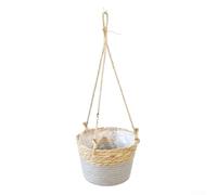 Panier suspendu décoratif pour intérieur et jardin extérieur combiné en un seul design tissé utilisant une corde de chanvre naturelle et une construction en fibre de paille (gris)