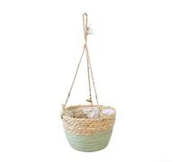 Panier suspendu décoratif pour intérieur et jardin extérieur combiné en un seul design tissé utilisant une corde de chanvre naturelle et une construction en fibre de paille (vert)