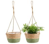 Panier suspendu en jonc de mer – Lot de 2 – Pot suspendu style bohème 20 cm – Panier d'extérieur tressé à la main – Panier suspendu naturel