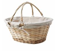 Panier XXL en Osier et Bois Naturel - Corbeille Ovale 43×39×28 cm - Double Anses Rabattables + Tissu Écru - Grand Panier de Rangement & Décoration Éco-Responsable
