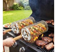 Paniers À Barbecue Set De 2,Accessoires Barbecue Pour Légumes,Crevettes, Champignons,Manche En Bois Amovible,Acier Inoxydable 304,Grillades En Extérieur,Cadeau Pour Hommes Et Papas (Argent)