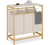 Paniers à linge Relaxdays avec 3 paniers coulissants, tablette rabattable, dimensions : 84,5 x 78,5 x 40 cm, bambou, naturel/crème
