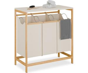 Paniers à linge Relaxdays avec 3 paniers coulissants, tablette rabattable, dimensions : 84,5 x 78,5 x 40 cm, bambou, naturel/crème
