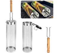 Paniers de cuisson pour barbecue - 2 pièces 30 x 9,5 cm - Inox 304 - Rotation 360° - Manche en bois