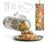 Paniers De Grill Roulants 2 Pièces Nouvelle Mise À Niveau, Avec Manche En Bois, Acier Inoxydable, Portables Accessoires De Barbecue Pour Le Camping En Plein Air, Légumes, Crevettes (2 Pack)
