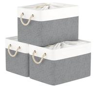 Paniers de rangement pliables en tissu avec couvercle à cordon et 2 poignées, lot de 3, dimensions : 38 x 28 x 26 cm, couleur : blanc et gris