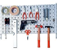 Panneau à outils métallique avec différents crochets - 2 panneaux perforés en acier de 800 x 200 mm - blanc - pour les bricoleurs débutants.